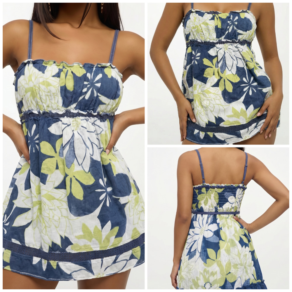 Y2K Hollister Floral Babydoll Top M Lace Smocked Strappy White Blue green vtg